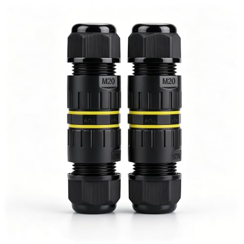 WOODGUILIN IP68 Waterproof Junction Box 4 Way/4 Pin Outdoor Connection Box Cable Connector Outdoor External Sleeve Coupler M20 4P 5-9mm for Repair and Extend Power Cables Black 2 Pcs.(M20 4P)