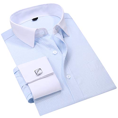 TAOBIAN Mens Dress Shirts French Cuff Long Sleeve Formal Slim Fit Shirts (Cufflink Included) BlueWhite US L 22