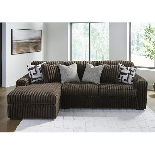 Image of Signature Design by Ashley Midnight-Madness Casual 2-Piece Sectional Sofa with Chaise and Reversible Seat Cushion, Accent Pillows Included, Soft Jumbo Corduroy, 92 inch W x 41 inch D x 40 inch H, Dark Brown