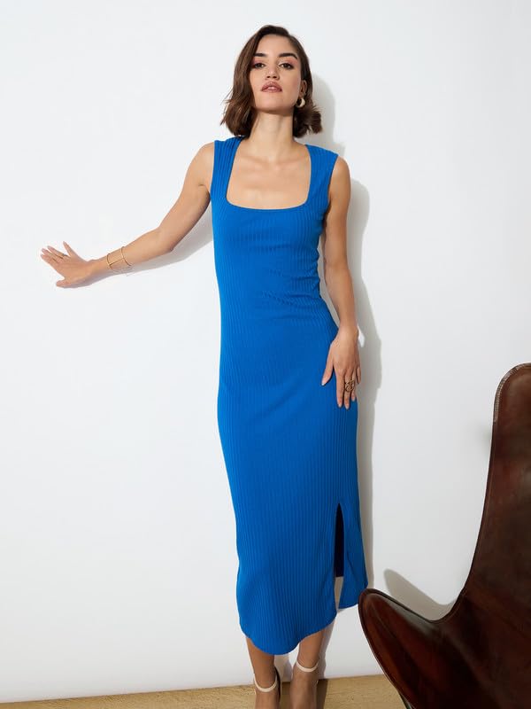 Image of barcino Black Rib Square Neck Sleeveless Midi Dress