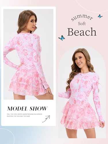 Womens Rash Guard Long Sleeve UPF 50+ Zip Up One Piece Swimsuits with Shorts Modest Swim Dress with Built in Bra2