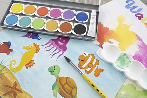 Eberhard Faber 578312 - Wasserfarbkasten Winner, 12 Farben mit Deckweiß und Mischpalette