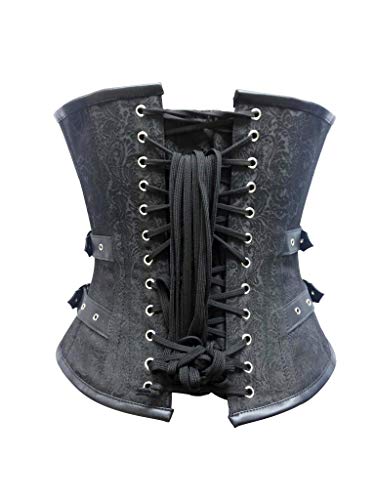 Overbust Corset Black Brocade & Faux Leather Steampunk Bustier Role Play Top Burlesque Erotic Costume (Large) #TOP2