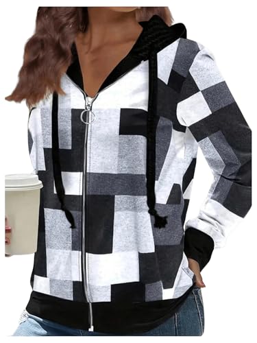 SweatyRocks Women's Plus Size Zip Up Hoodies Geometric Print Drawstring Collar Hooded Sweatshirt