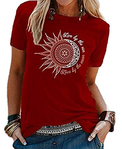 Camisetas Mujer Manga Corta,Verano Elegante Camisas Casual Suelta Algodon Camisa Cuello en O Redondo T Shirts con Estampado (Vino Rojo, L)