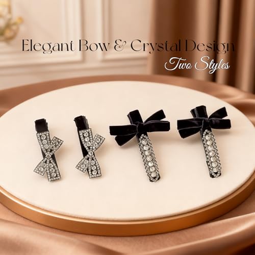 4PCS Pinzas para el cabello con lazo de terciopelo negro, clips de lazo con rhinestones brillantes para niñas, accesorios para el cabello con cristal francés antideslizante para mujeres miniatura 2