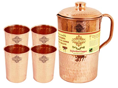 Indian Art Villa Pure Copper Hammered Set of 1 Jug Pitcher 1.2 Litre with 4 Glass Tumbler 300 ML Each – Storage Water Drinkware Tableware Good Health Benefit Yoga Ayurveda