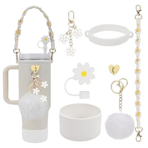 INSANYJ Stanley Cup Accesorios, Incluye 7 Accesorios Stanley Cup, 1 Funda de Silicona para Stanley, 1 Tapones Silicona de Pajitas, 4 Accesorios de Decoración de 800ml y 1.1L de Stanley Cup (Blanco)