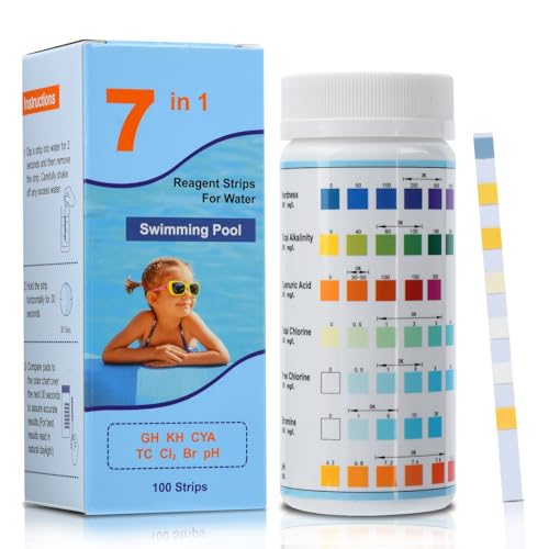Strisce reattive per piscina 7 in 1 per spa, kit di analisi dell'acqua Aideepen da 100 stick, tester accurato per piscina per pH, durezza, cloro totale, cloro residuo, alcalinità totale, ecc.