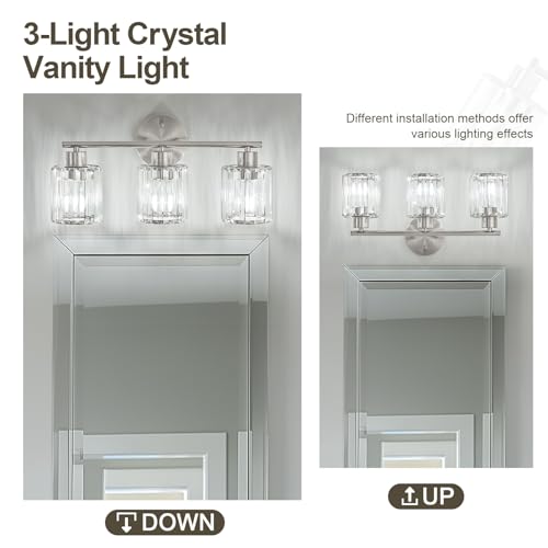 Image of Modern Brushed Nickel Crystal Bathroom Light Fixtures,3-Light