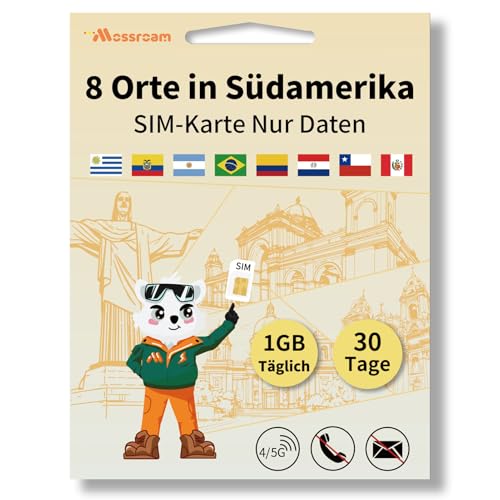 SIM-Karte für 8 Länder in Südamerika – Prepaid-Datentarife | 1 GB Daten täglich, 30 Tage | Highspeed-Internet | Ideal für Reisende