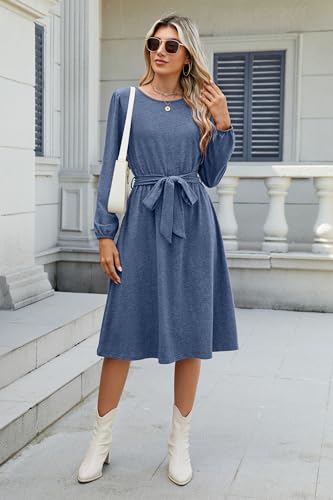 Image of Newshows Womens Long Sleeve Casual Dresses 2025 Business Work Teacher Fall Church Belted A Line Flowy Midi Dress