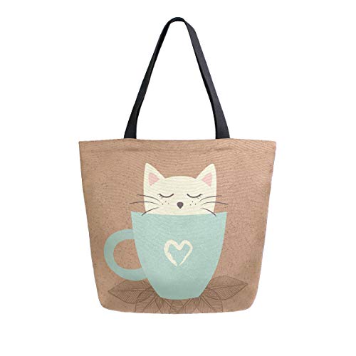 ALAZA Large Canvas Tote Bag Hello Fall Cute Cat Coffee Brown Shopping Shoulder Handbag with Small Zippered Pocket