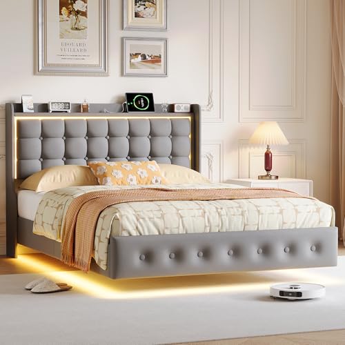 Cama tapizada de 140 x 200, cama con espacio de almacenamiento con marco de metal y somier de láminas de madera, cama doble con cabecero ajustable, cama juvenil para adultos, lino, beis, sin colchón