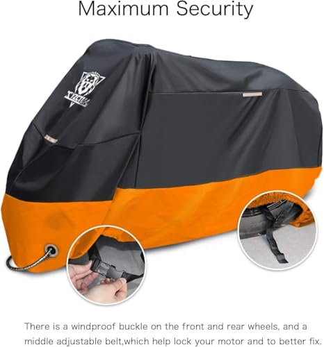 Image of XYZCTEM Motorcycle Cover - All Season Waterproof Outdoor Protection - Precision Fit up to 96.5 Inch Tour Bikes, Choppers and Cruisers - Protect Against Dust, Debris, Rain and Weather(XL,Black& Orange)