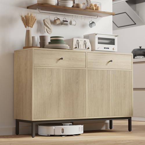 Image of Mericonia Farmhouse Buffet Sideboard Cabinet with Storage, Fluted Coffee Bar with Doors and Adjustable Shelves, Modern Wood Console Cabinet with Drawers (4 Door, Oak2 Drawer)