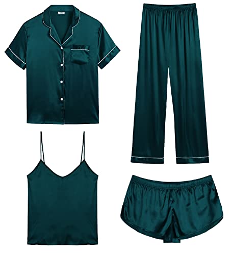 Image of SWOMOG Womens Silk Satin Pajamas Sets 4pcs Sleepwear Sexy Cami Shorts Set and Button Down Short Sleeve Pjs Loungewear