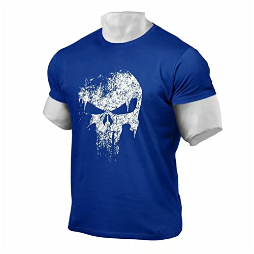 LEEGG Punisher Skull T-Shirt, Herren Bodybuilding T-Shirt, Fitness Sport Lose Casual Gym Training Top (Blau,M) Cover