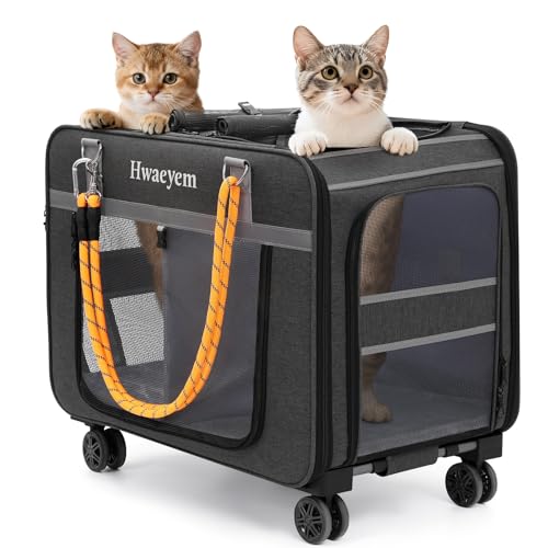 Extra Large Cat Carrier for 2 Cats with Wheels Rolling Dual-Compartment Cat Car Travel Carrier Portable Dog Cat Crate for Large Cat for Long Trips Support up to 40 Lbs 24 X 15 X 17