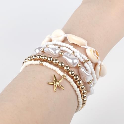 6pcs Summer Beach Bracelets, Stackable Seashell Starfish Boho Women Elastic Sea Shell Beaded Bracelet Heishi Surfer Jewelry Decoration Accessories and Gifts for Summer Beach Vacation Party4