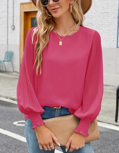Image of Aifer Womens Tops Dressy Casual Long Sleeve Shirts Chiffon Blouses | Sheer Pleated Lantern Sleeves, Crew Neck, Back Keyhole, Versatile, Ideal for Office Workwear, Daily Outfits, Party Looks