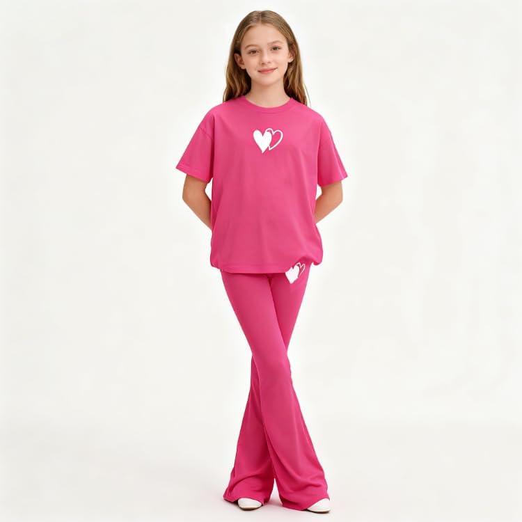 Tween Girls 2PCS Outfit Set 8-13Y Crop Top & Flare Pants with Bowknot and Heart Print Casual Girl Clothes - Image 2