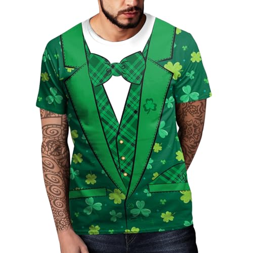 Image of Eciodci Men's St Patricks Day T-Shirts Novelty 3D Printed Shamrock Tuxedo Tees Shirt Clover Leaves Casual Short Sleeve Shirts
