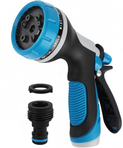 Garden Hose Nozzle with Adjustable 10 Watering Patterns,Hose Spray Nozzle with Slip Resistant High Pressure,Water Hose Nozzles Sprayer for Plants & Lawns Watering,Car Washing and Pet Showering Blue