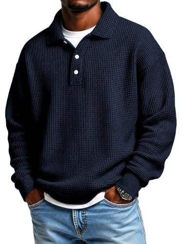 Men’s Polo Sweatshirt Pullover Waffle Knit Long Sleeve No Cap Hoodies | Quarter Button Collar, Loose Fit, Lightweight, Layering Friendly, Crew Neck, Outdoor Stand Collar, Ribbed Cuffs, Casual
