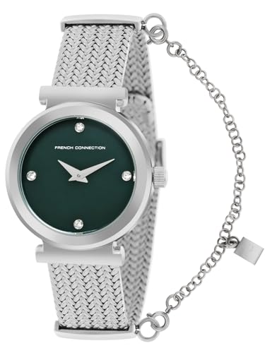 Image of French Connection 2 Hands Green Round Dial Stainless Steel Mesh Strap | Casual | Premium | MOP Dial with Stones Feature | Wrist Watch for Women - FCH8SM