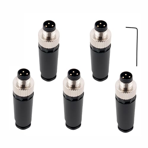 5PCS M8 3 Pin Connector Field Wireable A Code Industrial Circular Connector Straight Male Assemble Type Plug Non-Shield Connector, Outdoor Waterproof IP67