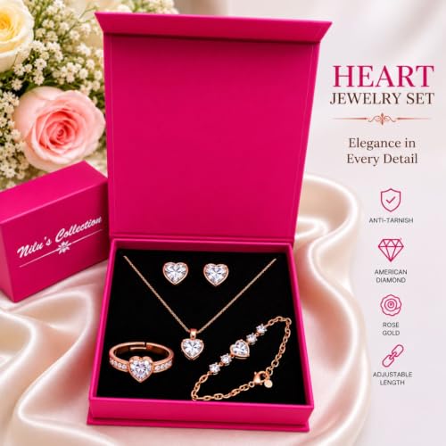 Image of Nilu's Collection Rose Gold And Silver Plated Heart Shape Jewellery Set For Women