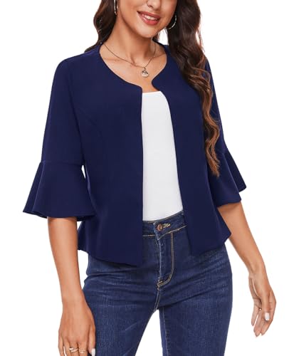 MINTLIMIT Navy Blue Blazer Jacket for Women Flared 3/4 Sleeve Suit Jacket Collarless Casual Cropped Blazer Suit Cardigan,S2