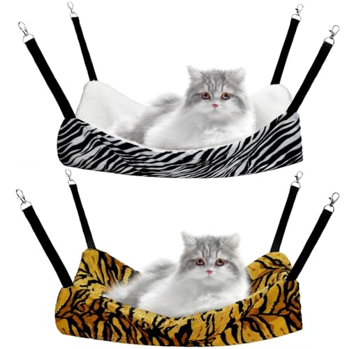 Jetec 2 Pack Cat Hammock for Cage Catio Accessories Reversible Soft Cats Bed with Adjustable Straps and Hooks Double-Sided Linen and Fleece Hanging Hammock for Cats Kitten(Zebra Tiger Stripes M)