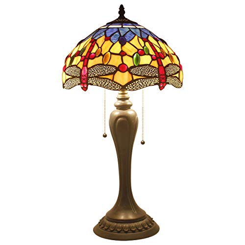Tiffany Table Lamp Orange Blue Stained Glass Dragonfly Style Shade Resin Base 22" Tall Thin Antique Desk Light Living Room Bedroom Library Banker Hotel Luxurious Traditional WERFACTORY Led Bulb Better