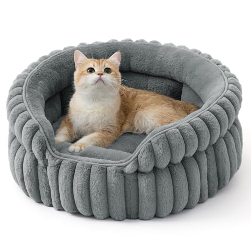 BEDSURE Flauschiges Katzenbett für Wohnungskatzen - 51 x 51 cm kleines rundes Katzenbett, waschbares Katzenbett für Kätzchen und Welpen mit Rutschfester Unterseite und abnehmbarem Kissen, grau