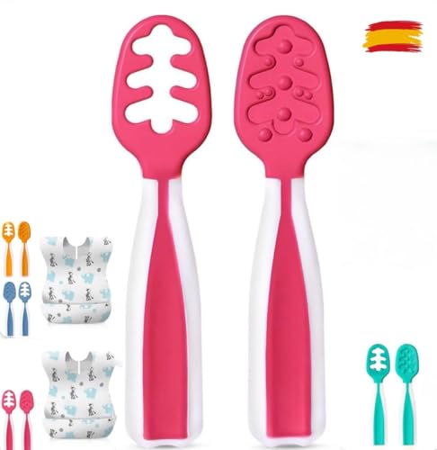 ALONSA® 2 Unidades Cucharas Aprendizaje Bebé de Silicona Seguras | Precuchara BLW para Bebés de 6-18 Meses | Cucharas Bebé Aprendizaje | Introducción de Alimentos | Alivio de Encías