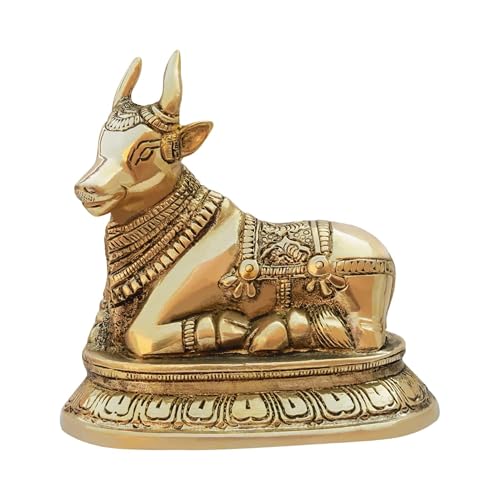 Image of Vastu Brass Nandi Cow Statue | 810 g Weight Approx | Vastu Remedy for Home & Office | Size- 9 X 11 Cm | Nandi Idol for Pooja | Vastu Brass Nandi Bull