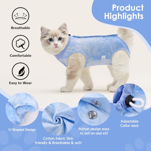 Image of SAWMONG Cat Surgery Recovery Suit,Breathable Cat Onesie After Surgery Spay Surgical,E-Collar Alternative Non-Lick Pet Body Suit Blue S