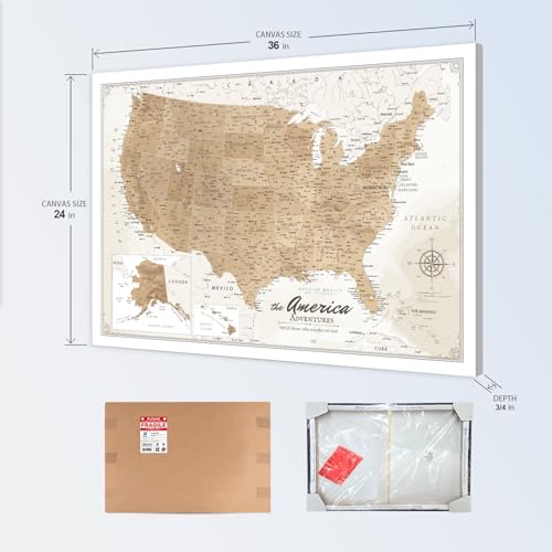 Image of IPIC - Vintage US Map for Travel, Pin Board Canvas Wall Art, Travel Map with Pins Included, Ready to Hang for Home or Office, 36x24 Inch