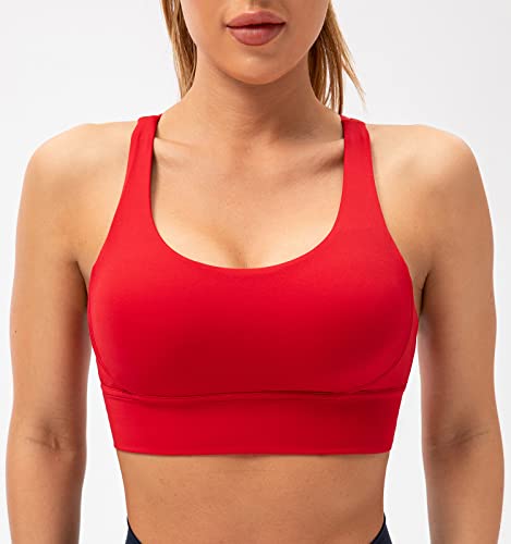 Lavento Women's Cross-Strap Sports Bra Longline Padded Medium Support Workout Yoga Bras Tops (Red, 8) #TOP1