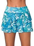 Aleumdr Women's 2025 Fashion Three Layered Swim Skirted Built-in Bikini Swim Bottom Swimdress Sky Blue Printed Medium