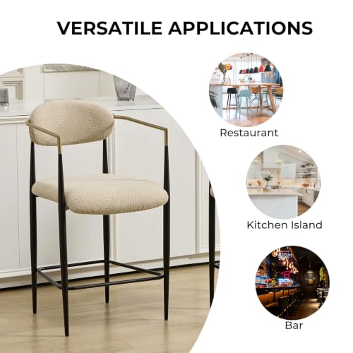 Butacos modernos para barra, 25'' con tapizado Boucle y brazos, sillas de isla estilo medio siglo con respaldo y patas de metal para cocina, comedor, cafetería, juego de 4, color caqui miniatura 6