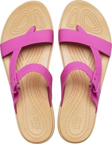 Image of Crocs Women's Tulum Toe Post Sandals, Fuchsia Fun /Tan, 9