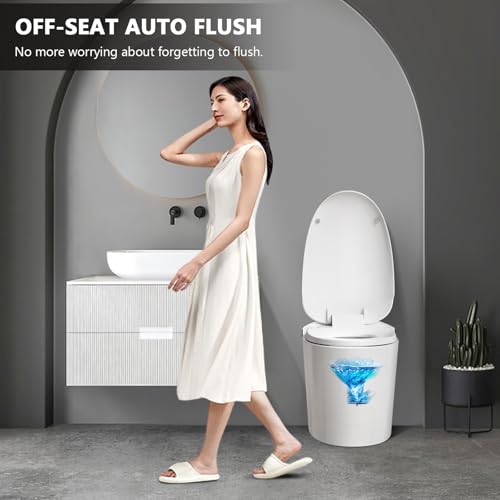 Smart Toilet, Auto Flush Smart Toilet, Modern Toilet for Bathroom, Elongated Smart Tankless Toilet with Heated Seat, Foot Sensor Operation, Automatic Flush, LED lights, White