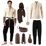 Juego de disfraz renacentista de 8 piezas para hombre, ropa medieval para hombre, disfraz de vikingo medieval con camisa pirata, pantalones largos, cinturón, cinturón, bolsillo, bufanda retro