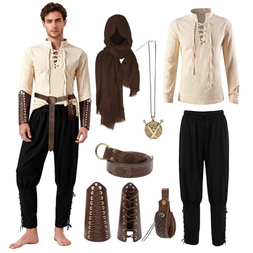 Ya en mundofriki.es: Juego de disfraz renacentista de 8 piezas para hombre, ropa medieval para hombre, disfraz de vikingo medieval con camisa pirata, pantalones largos, cinturón, cinturón, bolsillo, bufanda retro