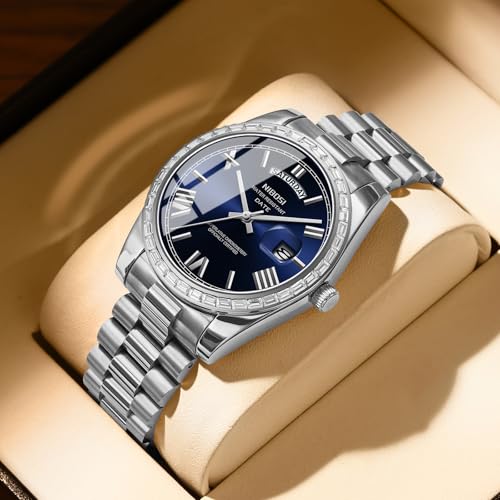 Image of NIBOSI Watches for Men Analog Quartz Diamond Bezel Stainless Steel Dial Rose Gold Silver Mens Watch Waterproof Business Classic Dress Wrist Watch with Day Date