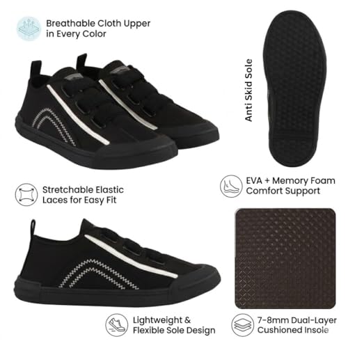 Image of Men's Black Canvas Sneakers - Stylish Casual Shoes with Non Tie Elastic Laces | 7mm Memory Foam & EVA Insole | Lightweight & Comfortable Everyday Footwear (Sizes 6-10)
