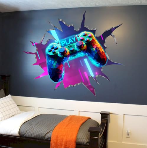 YIMEHDAN Large 3D Game Wall Decals (35.8”x32.4”), Gaming Break Through The Wall Vinyl Wall Stickers for Game Lover, Removable Video Game Artwork for Boys Playroom Bedroom Decor
